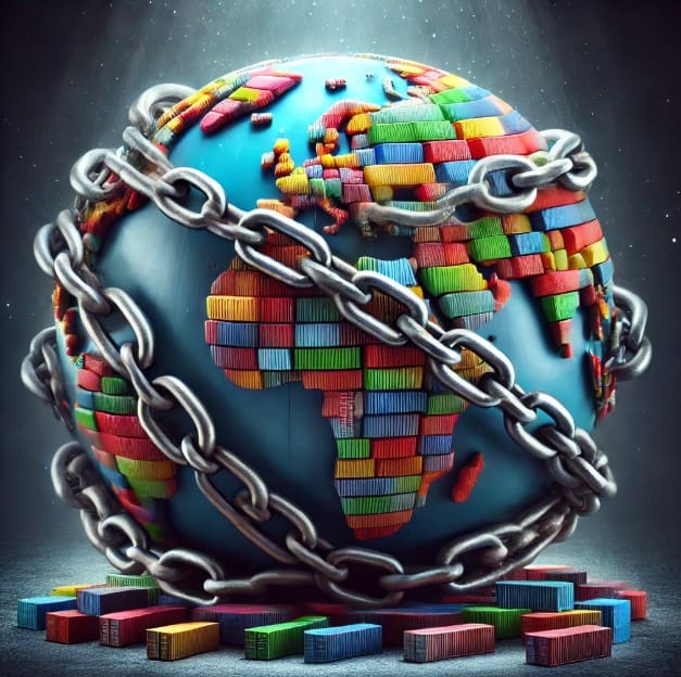 A digital illustration of a globe wrapped in heavy metal chains and covered in shipping containers, symbolizing the impact of the 25% U.S. tariff on global trade and its restrictions on Canadian vending machine operators.